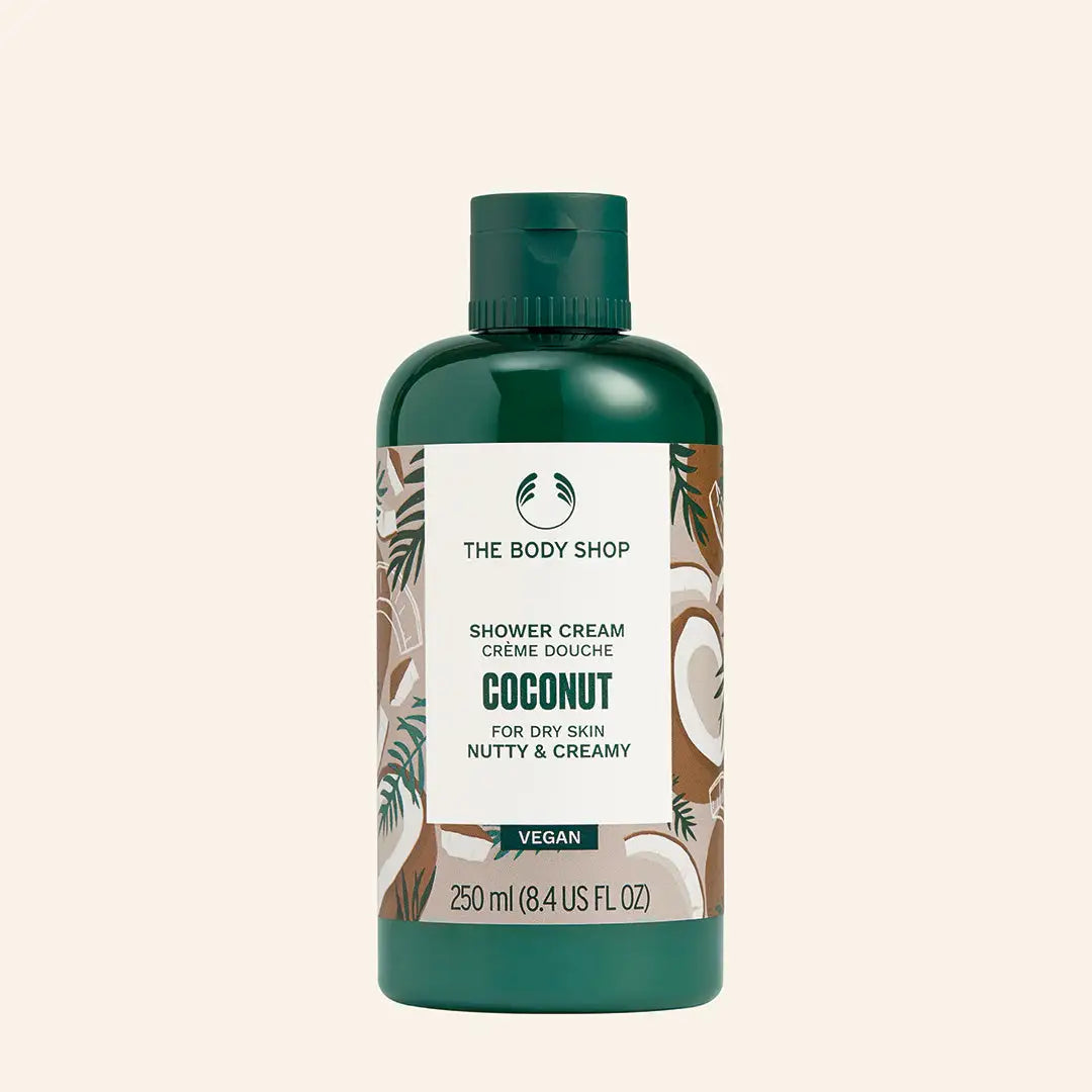 Gel de ducha cremoso de coco 250 ml, botella blanca con tapa verde